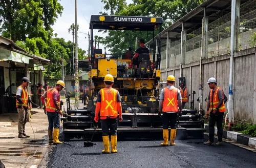 pengaspalan hotmix di kawasan industri Bekasi oleh PT. Kontraktor Aspal Indonesia