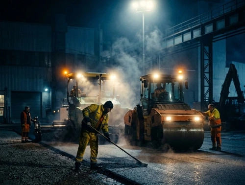 pengaspalan di area loading truk logistik, ketebalan aspal 5cm