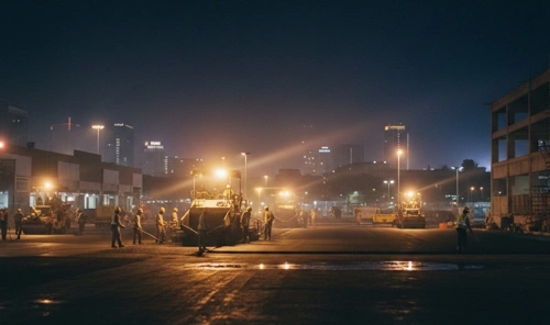 proses pengaspalan menggunakan asphalt finisher di area parkir sebuah mall di Jakarta